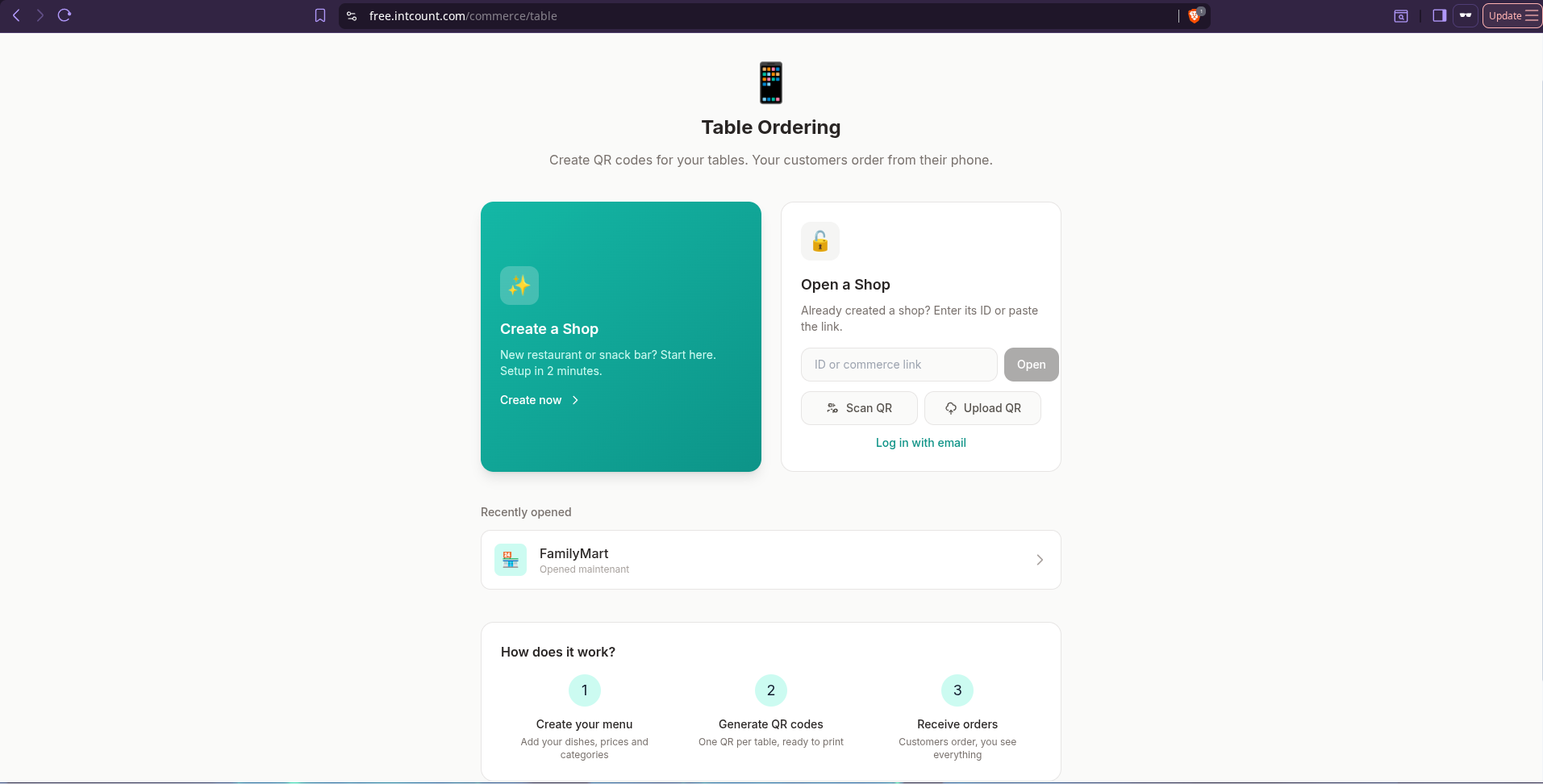 Table Ordering landing page on free.intcount.com showing Create a Shop and Open a Shop options