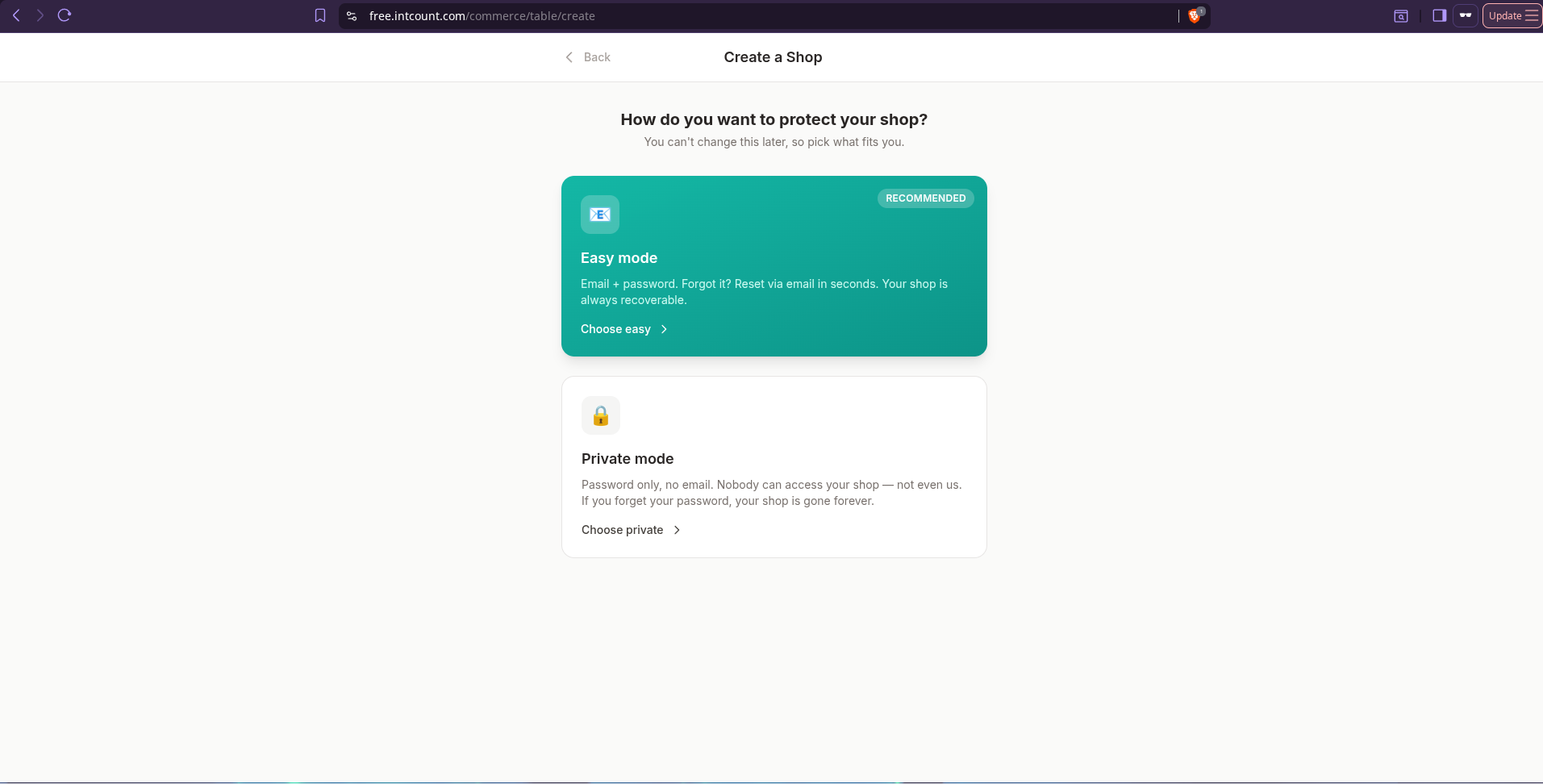 Choose your protection mode — Easy mode (recommended, email recovery) vs Private mode (password only, no email)