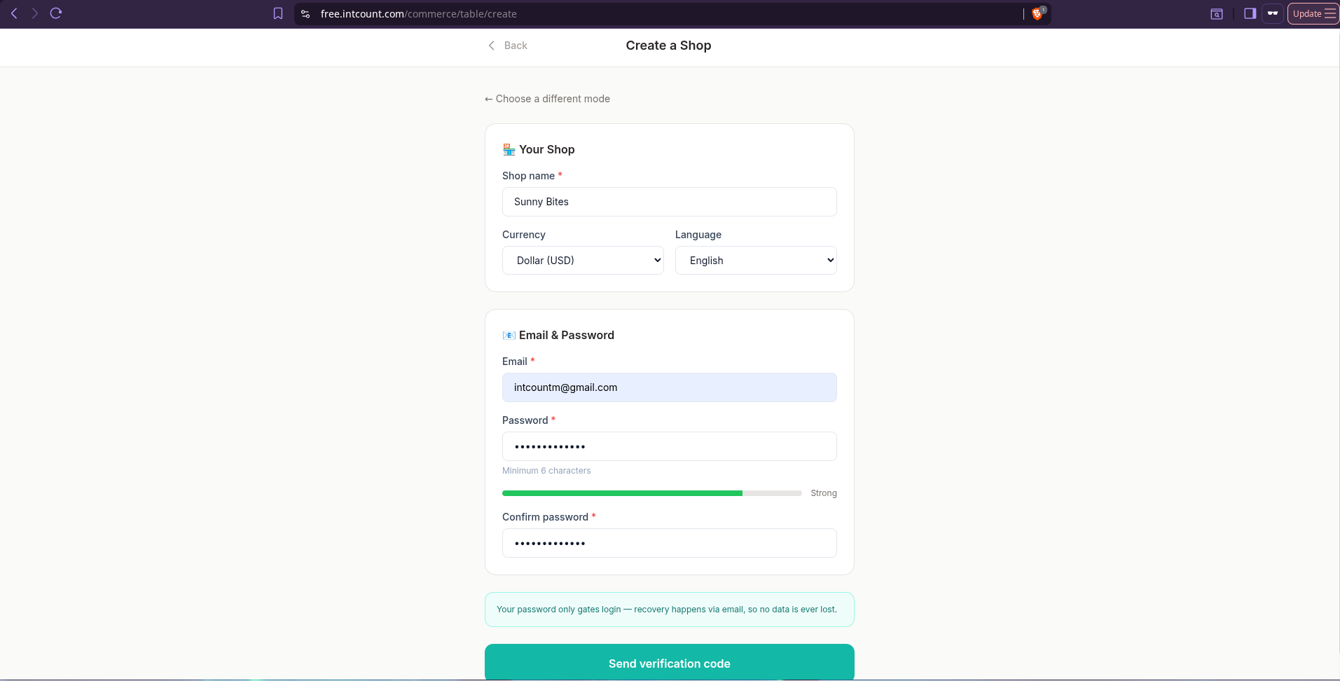 Create a Shop form on free.intcount.com with Sunny Bites, USD, English, email and password filled in