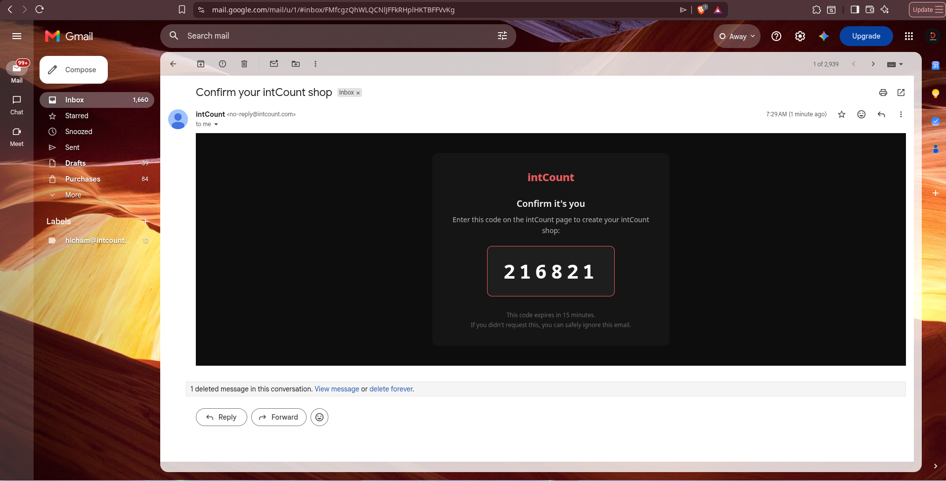Gmail inbox showing intCount verification email with 6-digit confirmation code