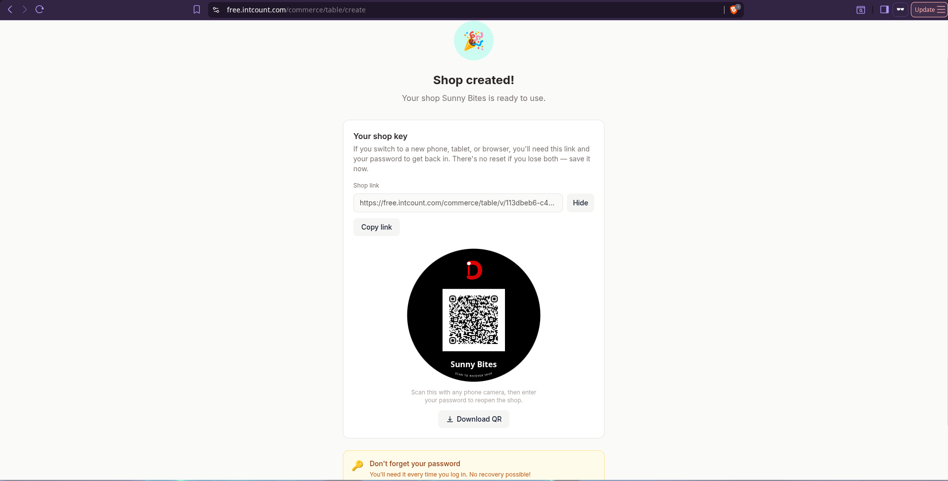 Shop Created screen showing the Shop Key link and printable Shop QR with Sunny Bites branding