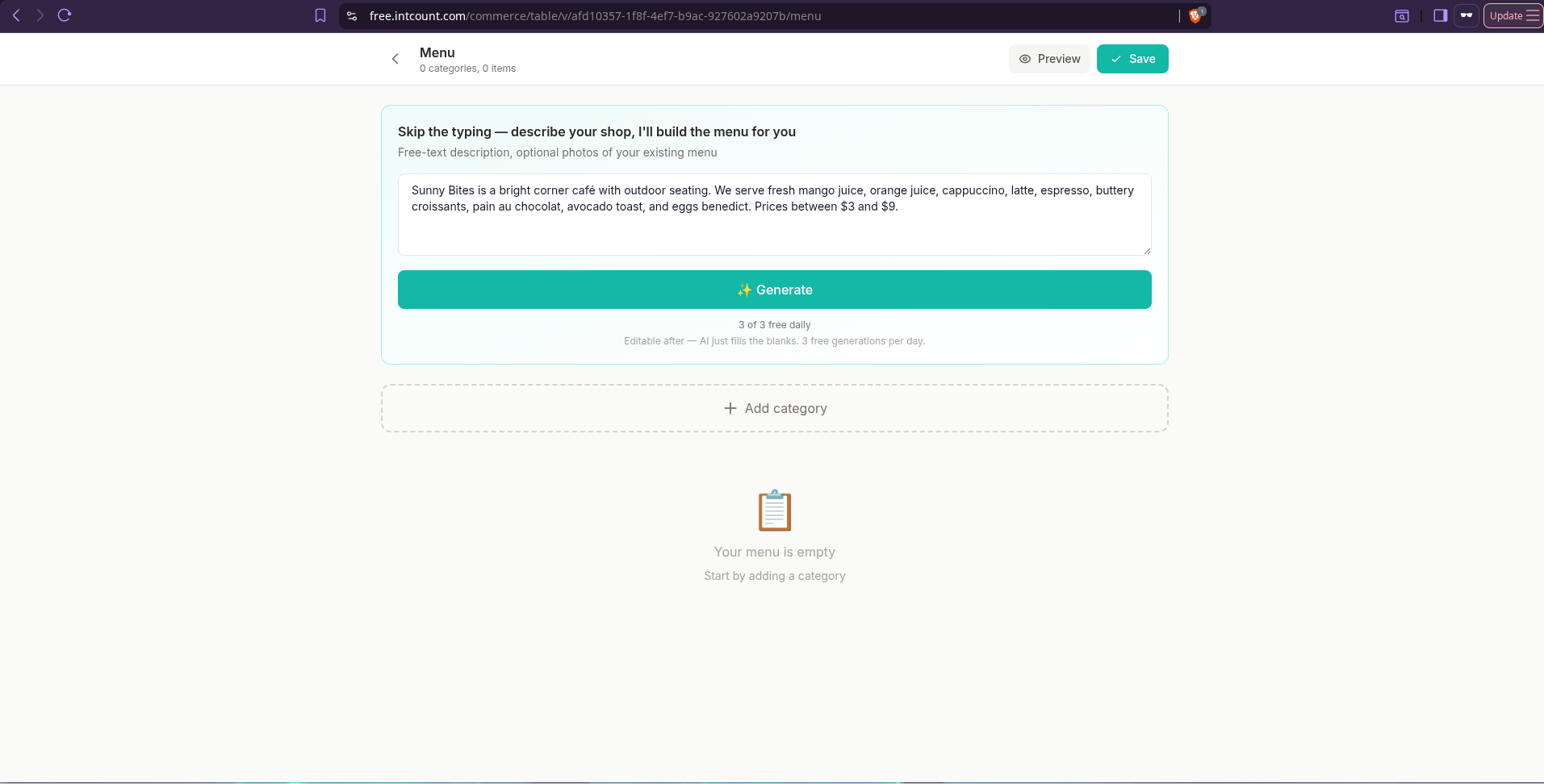 AI menu input on intCount showing café description being typed to generate the menu