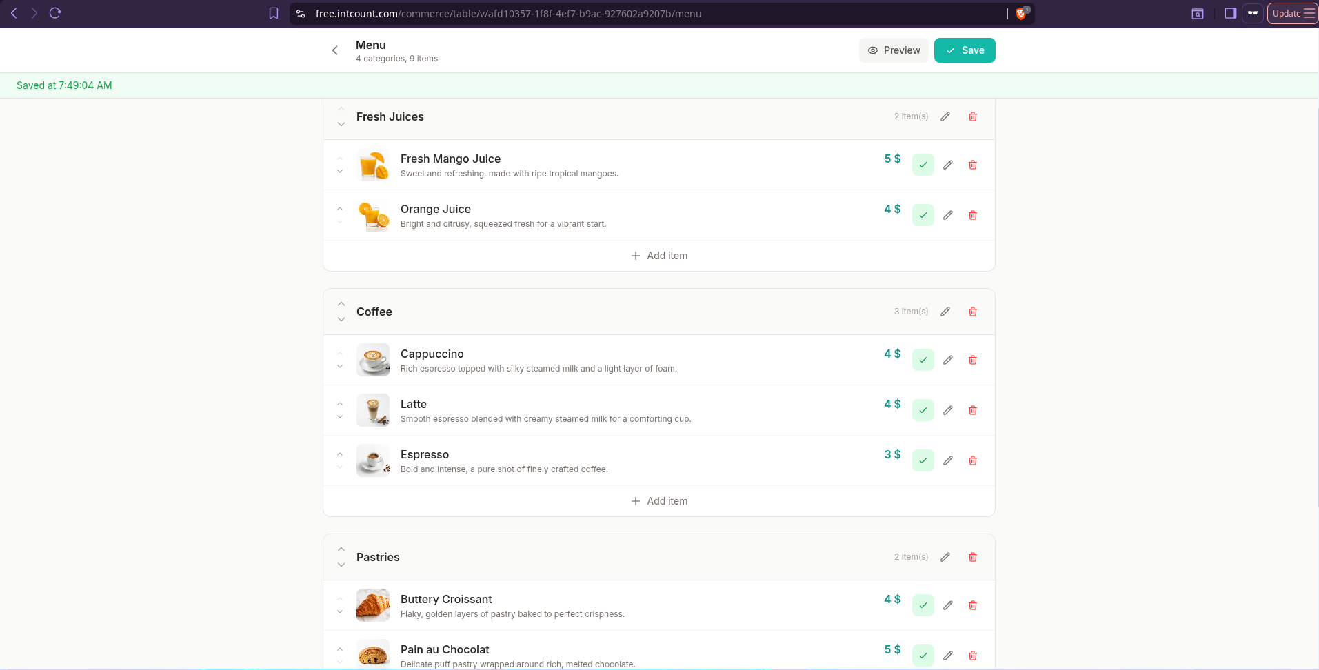 AI-generated Sunny Bites menu with Fresh Juices, Coffee, Pastries, Brunch categories and 9 items with prices and photos