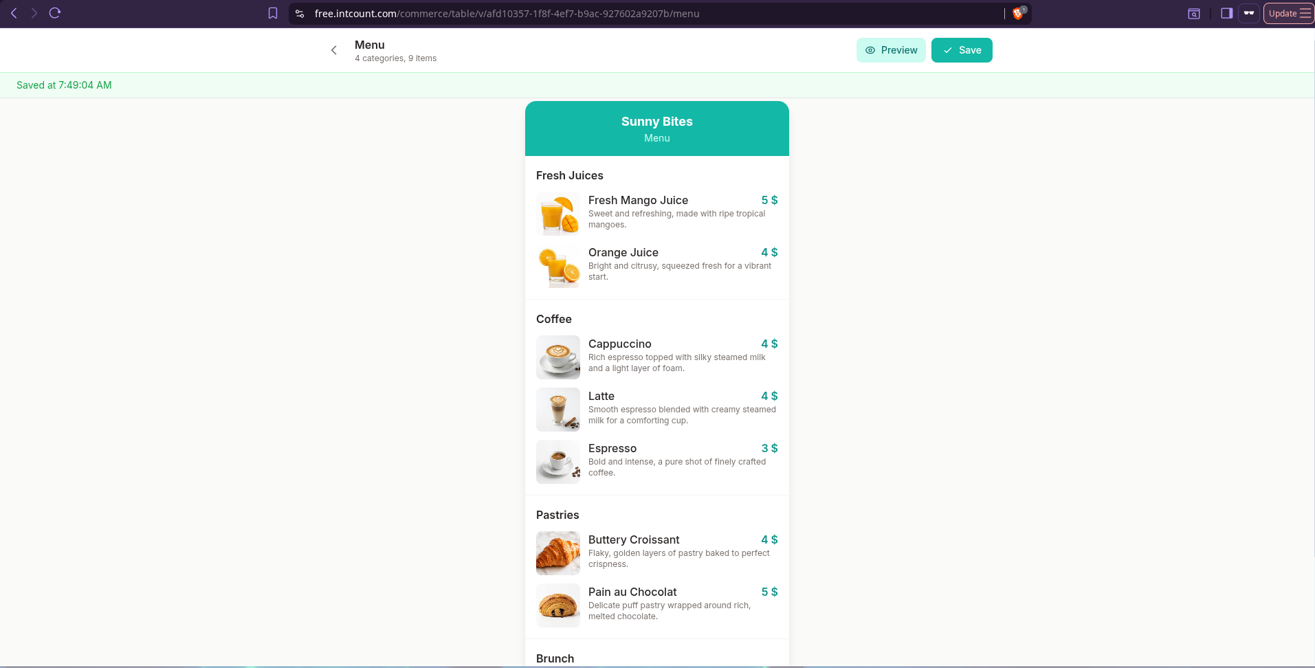 Menu preview showing the customer-facing view of Sunny Bites menu with categories and item photos