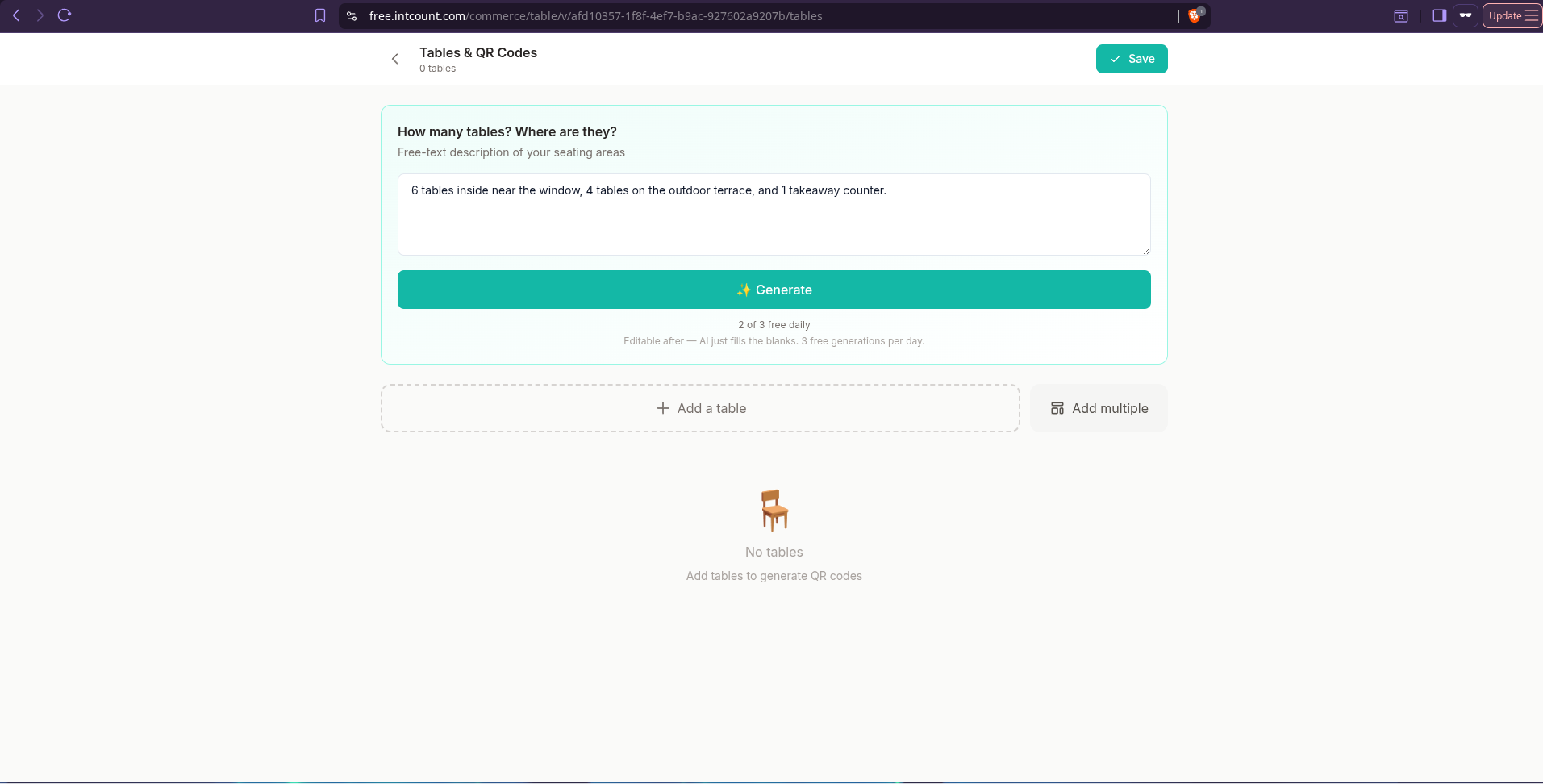 AI table input on intCount showing seating description being typed for zoned QR code generation
