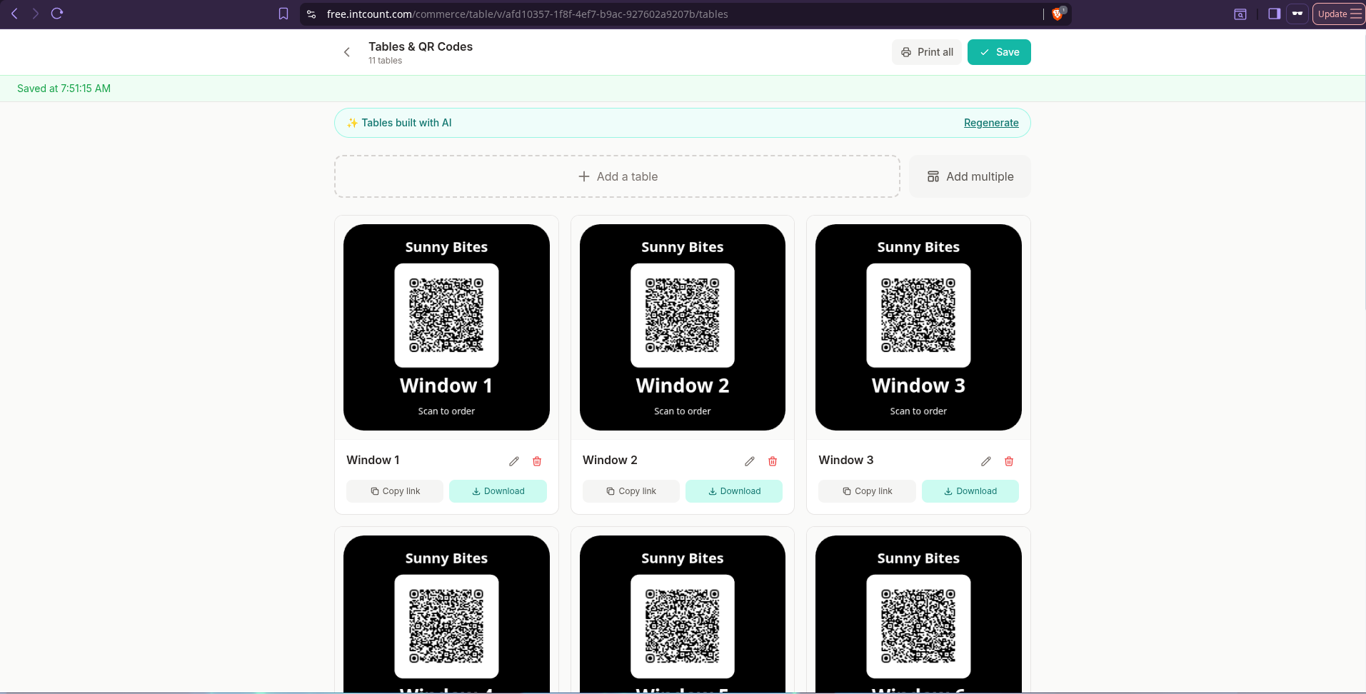 Grid of AI-generated QR code cards for each restaurant table, branded with Sunny Bites name