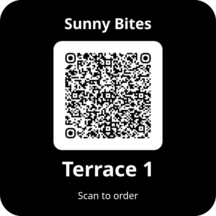 Printable QR code card for Sunny Bites Terrace 1 with scan-to-order instructions