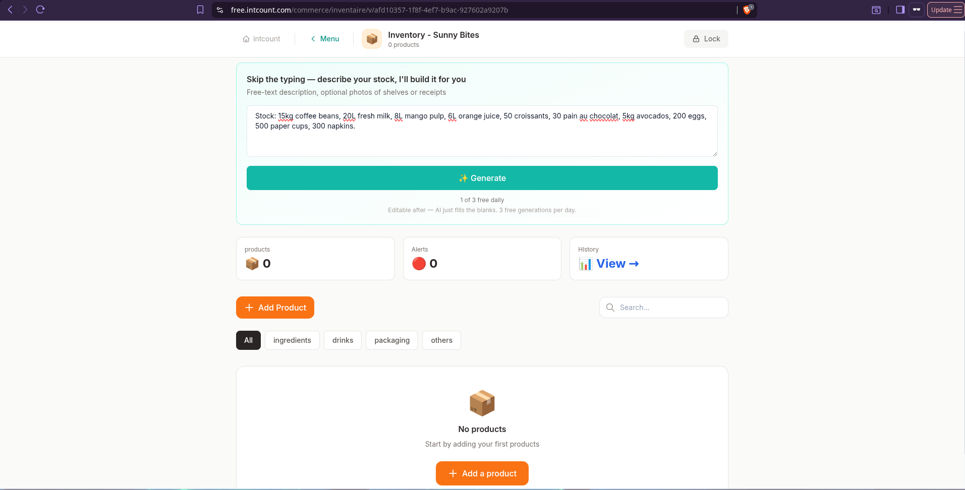 AI inventory input on intCount showing stock description with quantities and units being typed