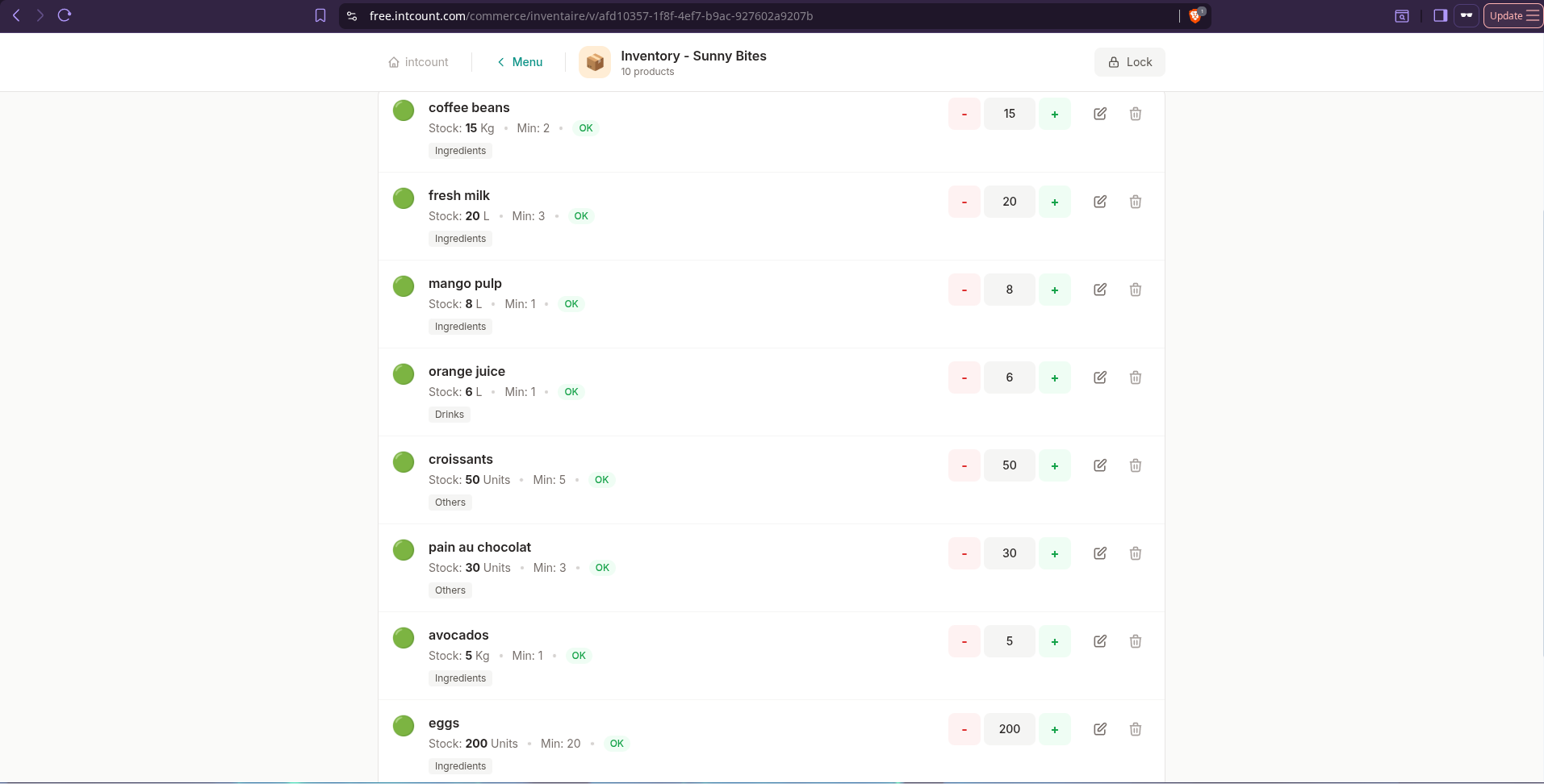 AI-generated inventory list with 10 products, units, categories, and low-stock alerts