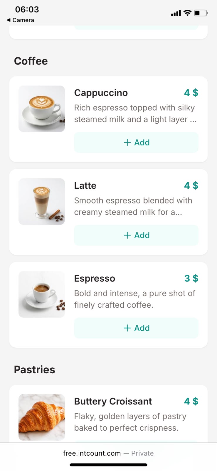 Mobile customer view of Sunny Bites Coffee menu with Cappuccino, Latte, Espresso items with photos and Add buttons