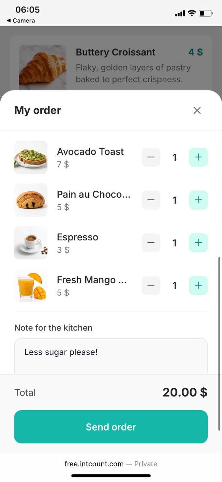 Mobile My Order cart with Avocado Toast, Pain au Chocolat, Espresso, Fresh Mango Juice, note field, and Send Order button