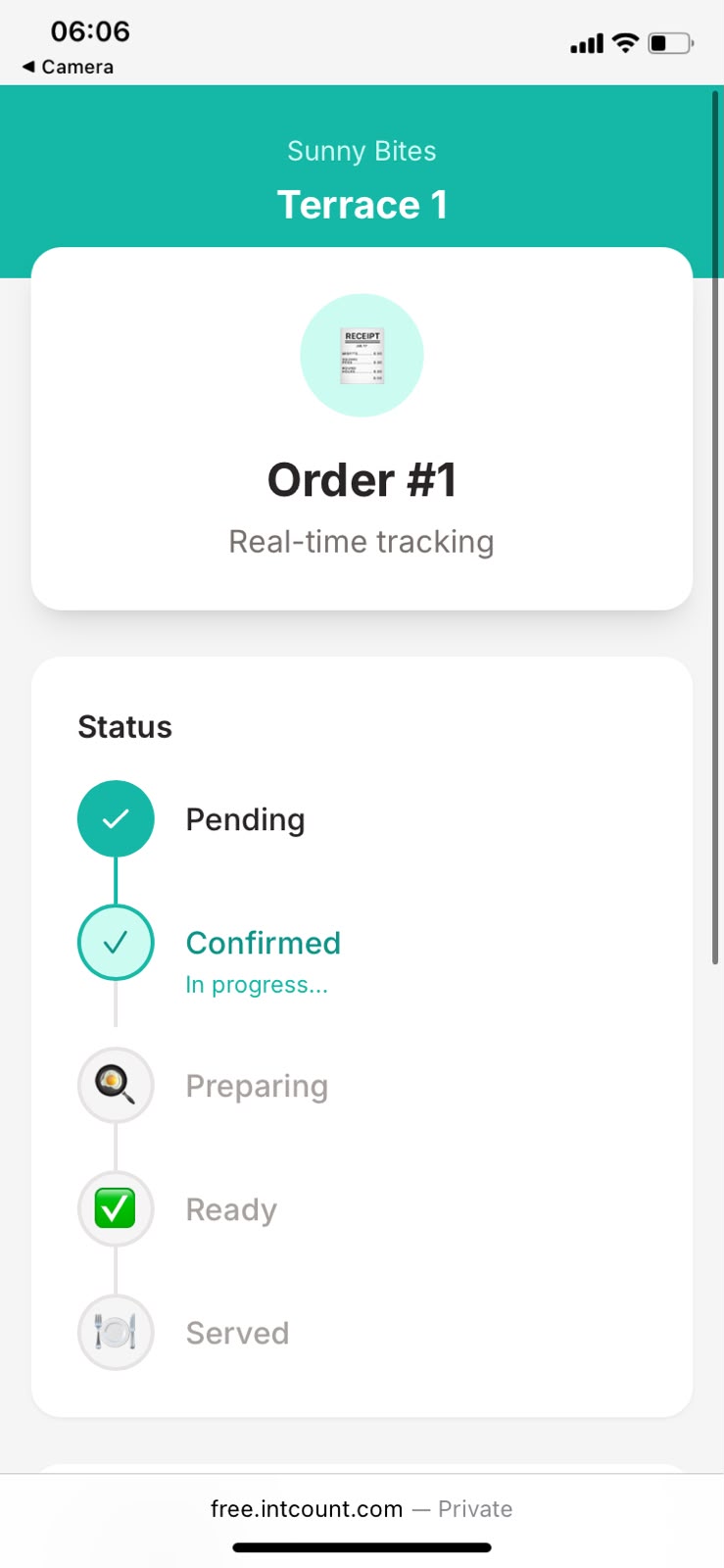 Live order status tracker on customer phone showing Pending confirmed, Preparing, Ready in progress