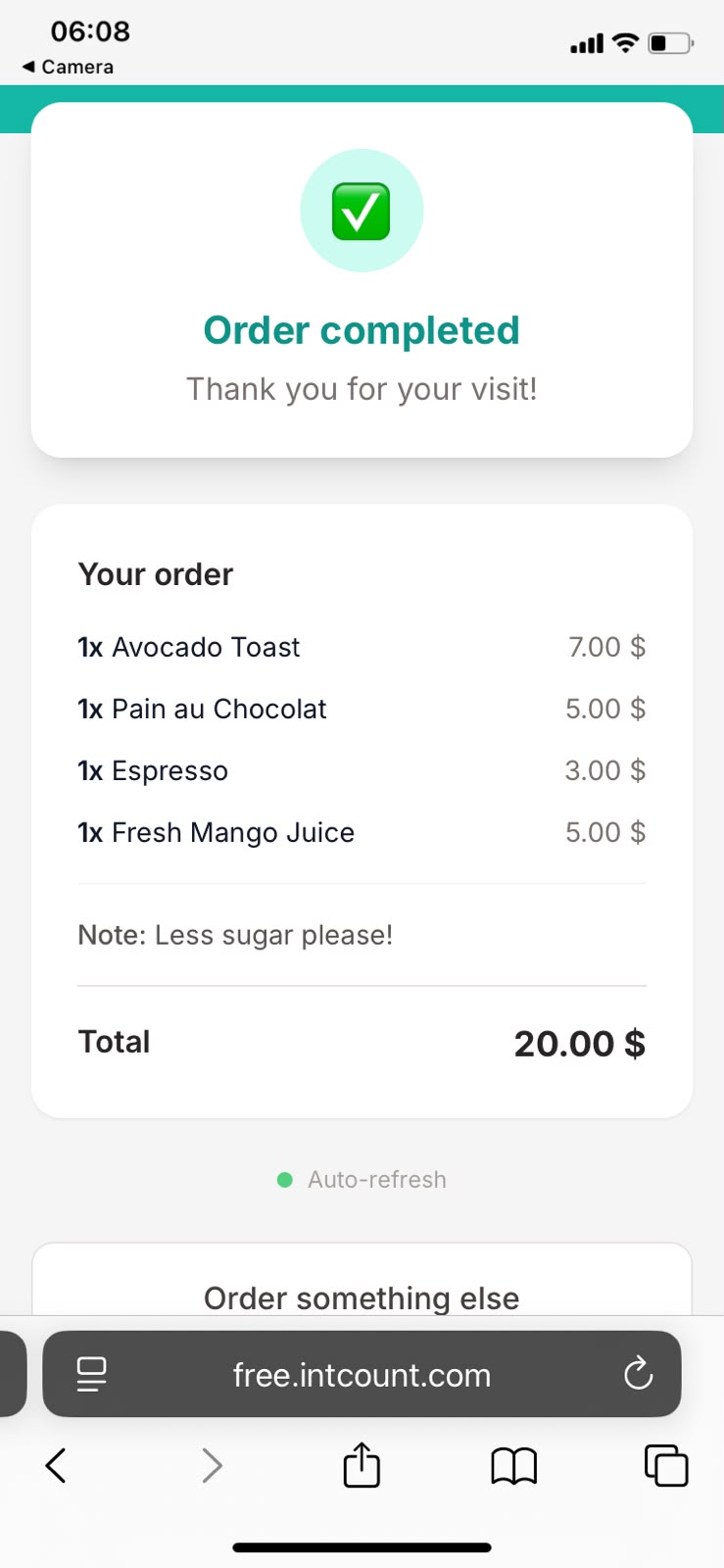 Order completed screen showing 