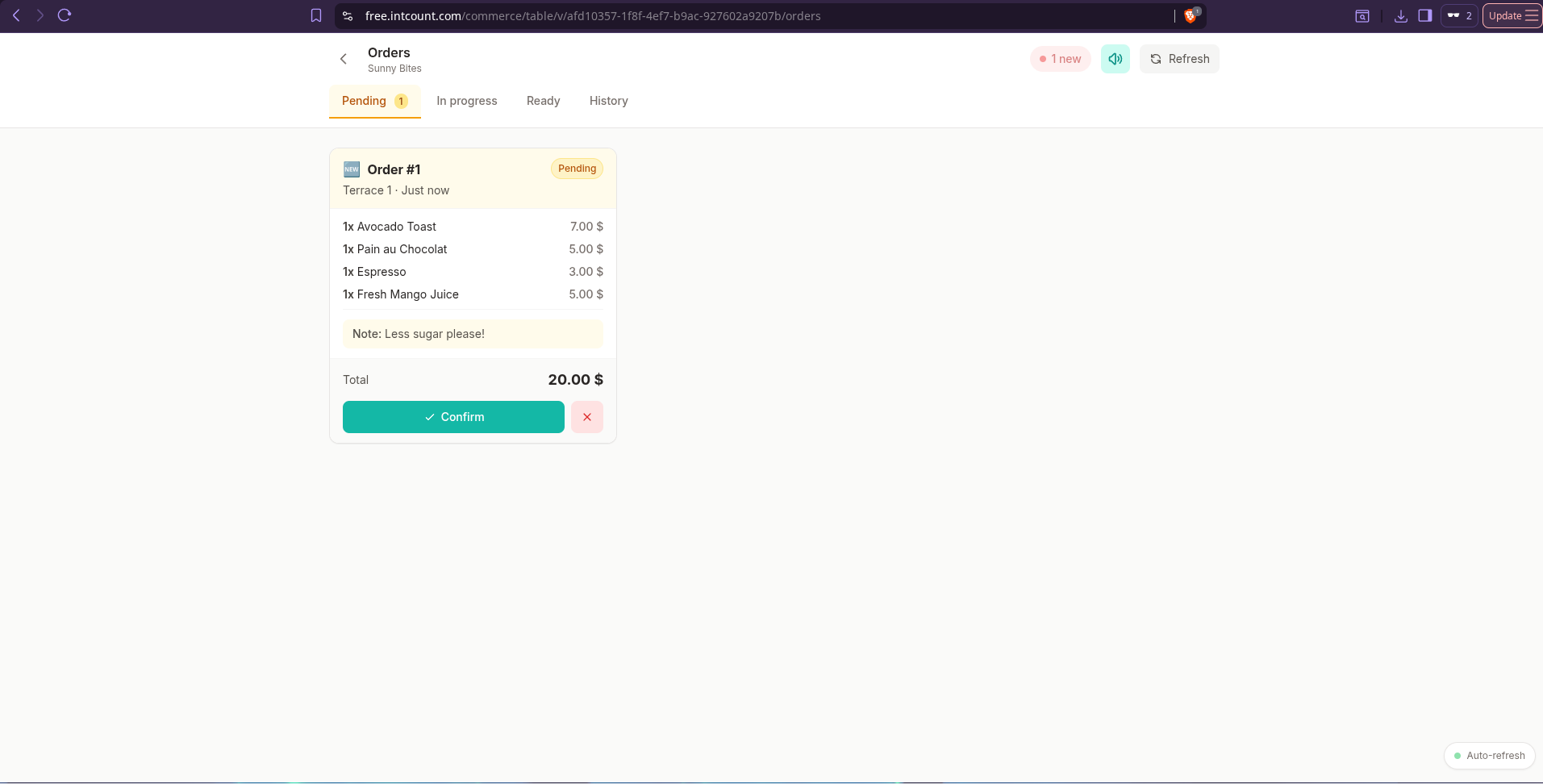 Vendor Orders view showing pending Order #1 from Terrace 1 with 4 items, 