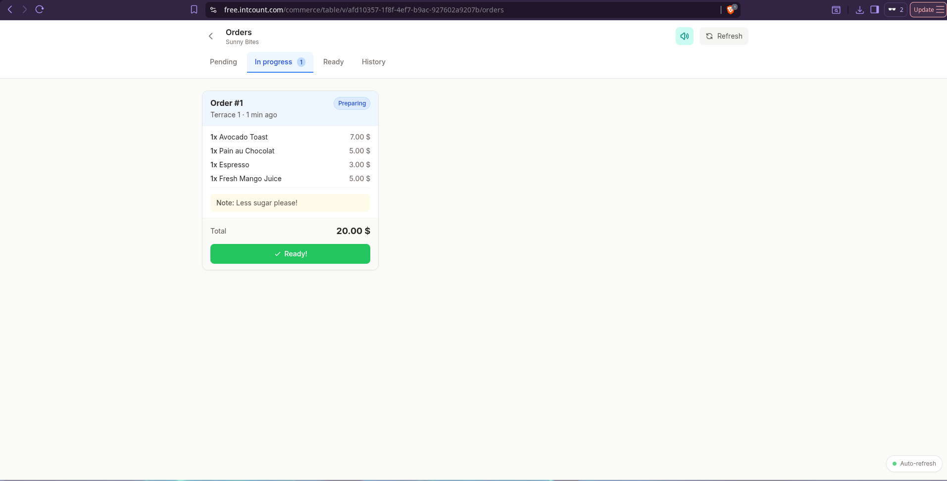 Vendor Orders view showing In Progress order with Ready button ready to click when the kitchen finishes preparing