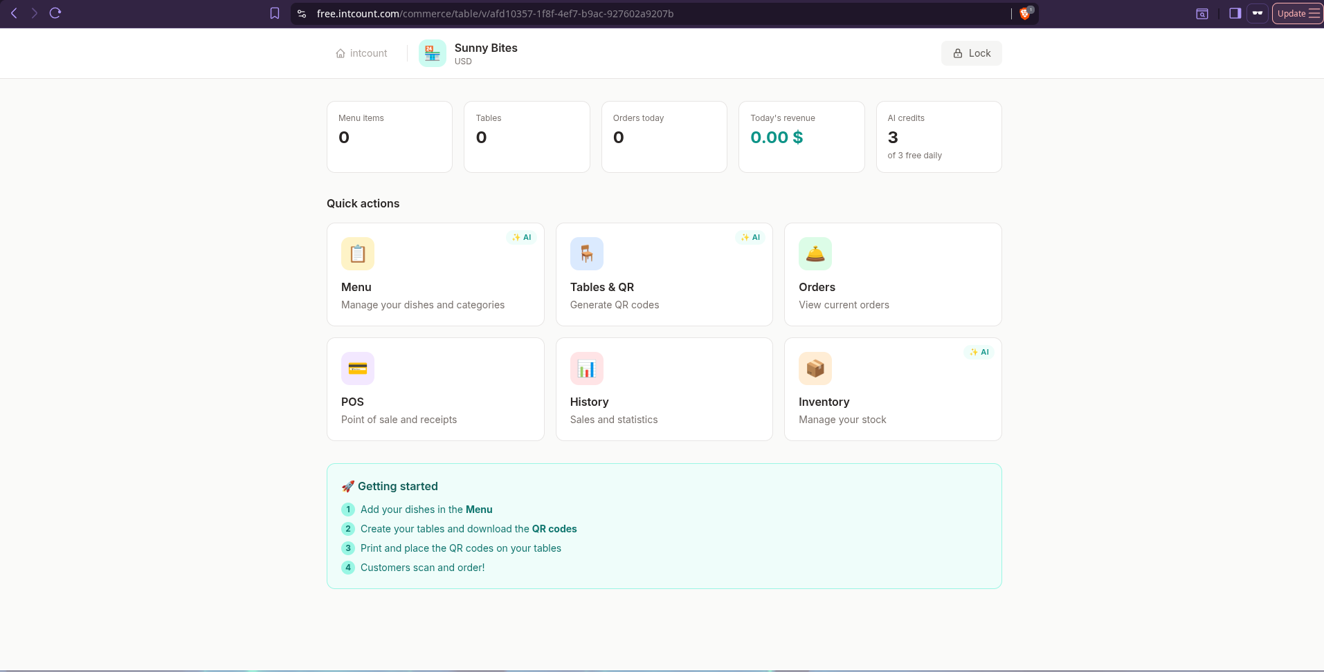 Sunny Bites vendor dashboard with stat cards for Menu items, Tables, Orders today, Today's revenue, AI credits, plus Quick actions grid