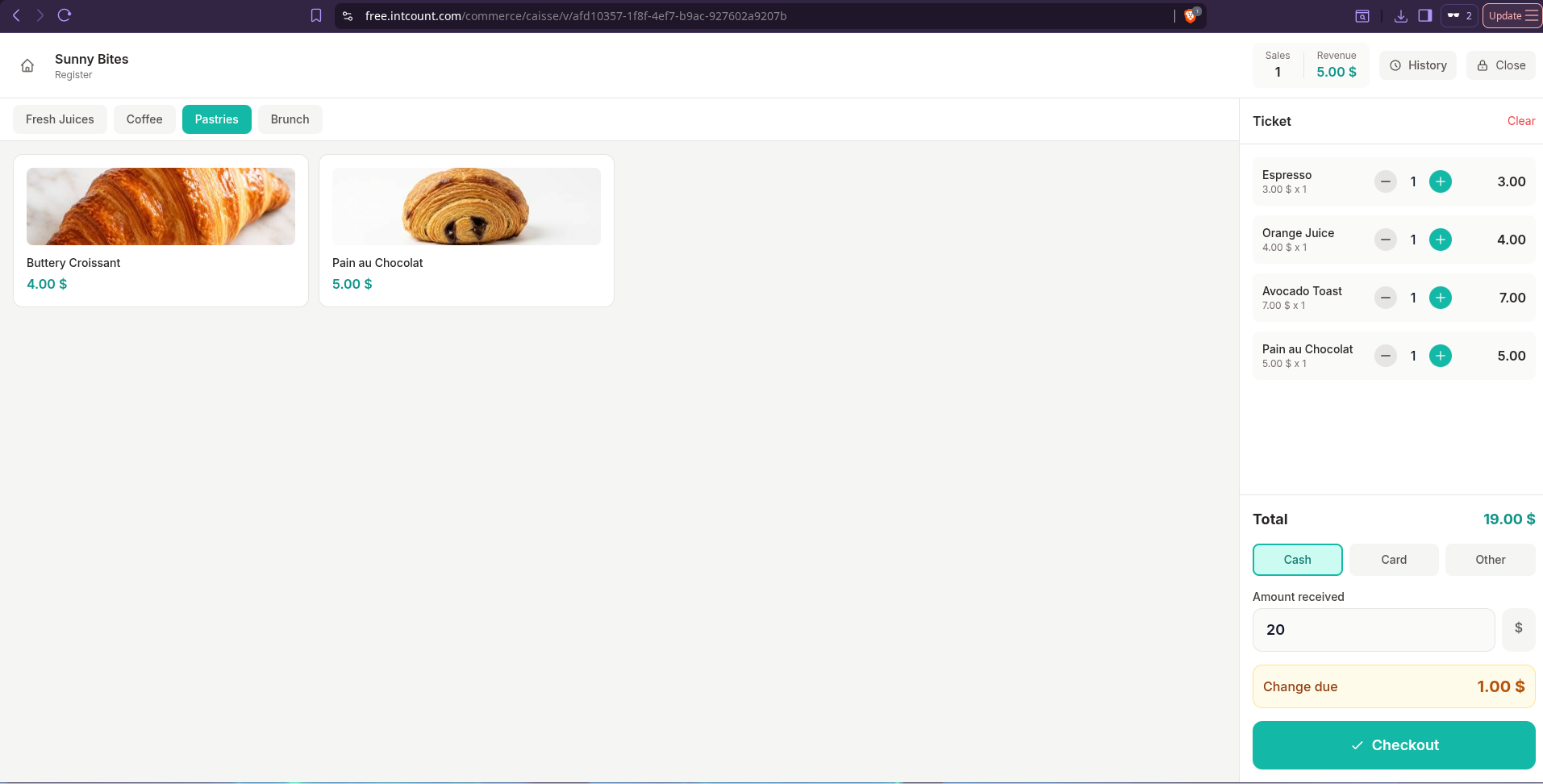 intCount POS Register with Pastries category, ticket panel showing 4 items totaling $19, cash payment with $1 change