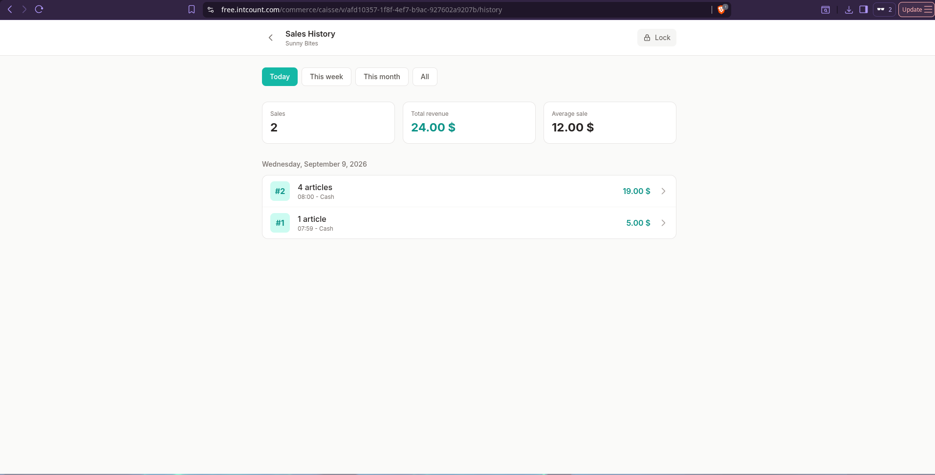 Sales History page showing Today with 2 sales, $24 total revenue, $12 average sale, and individual order breakdown