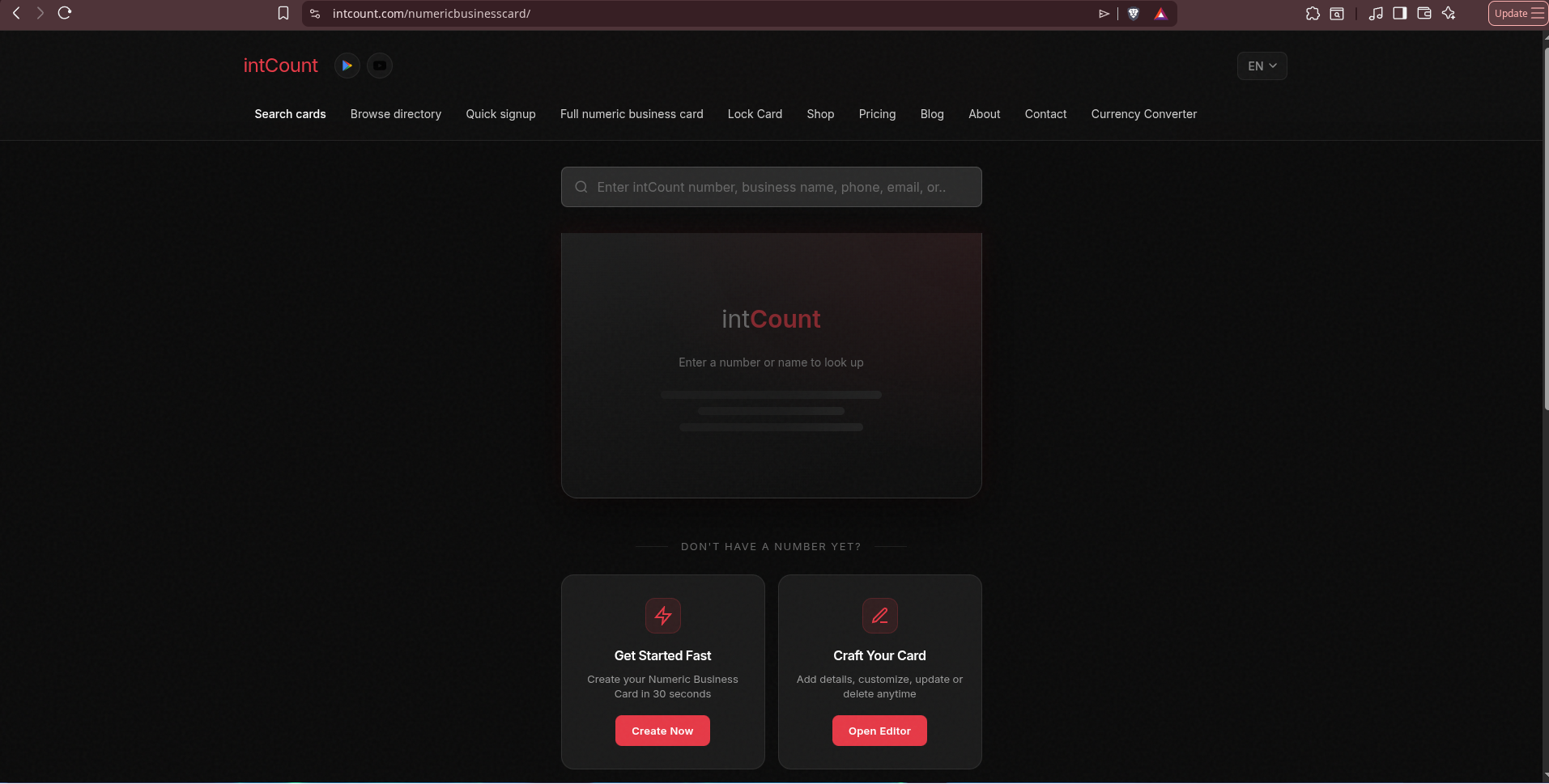 Search Cards page — empty state with search bar and quick actions