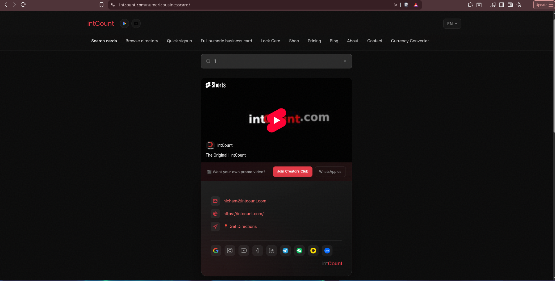 Card #1 flipped — full contact layer with email, website, directions and social icons