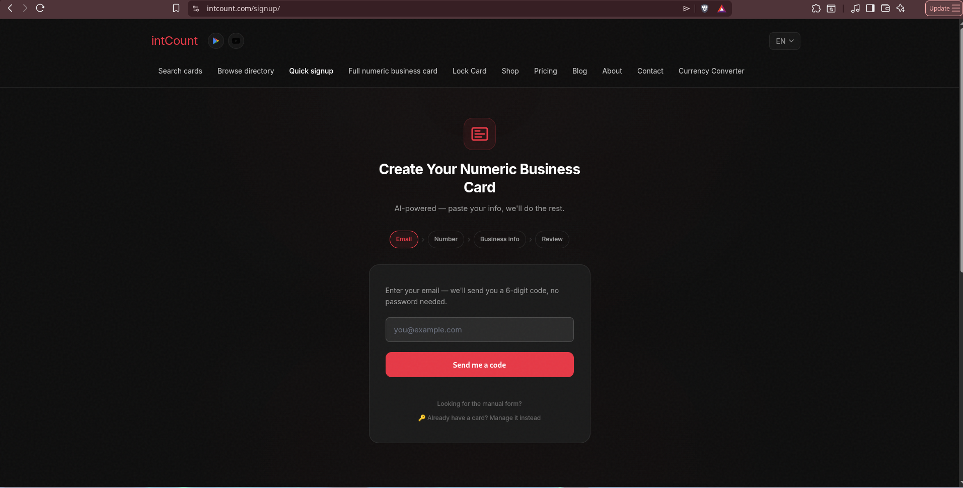 Quick Signup Step 1 — Email entry, empty state