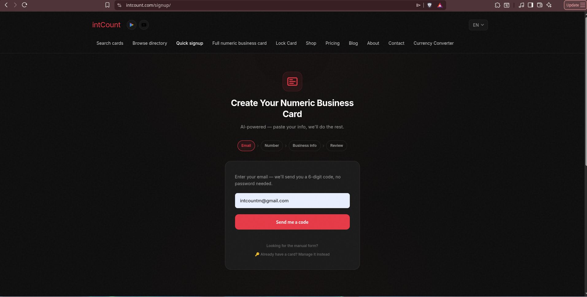 Quick Signup Step 1 — email filled in