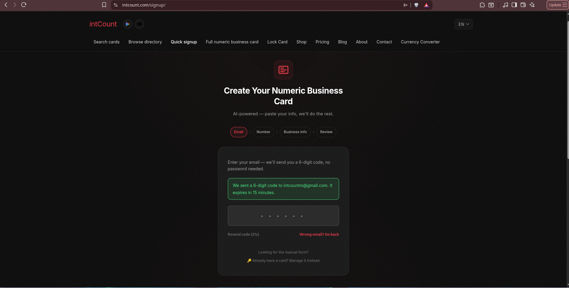 Quick Signup Step 2 — 6-digit code entry