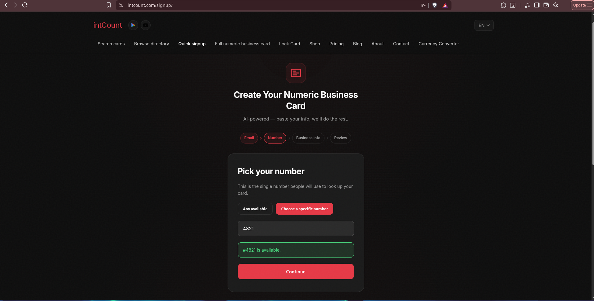Quick Signup Step 3 — picking a specific number, #4821 confirmed available