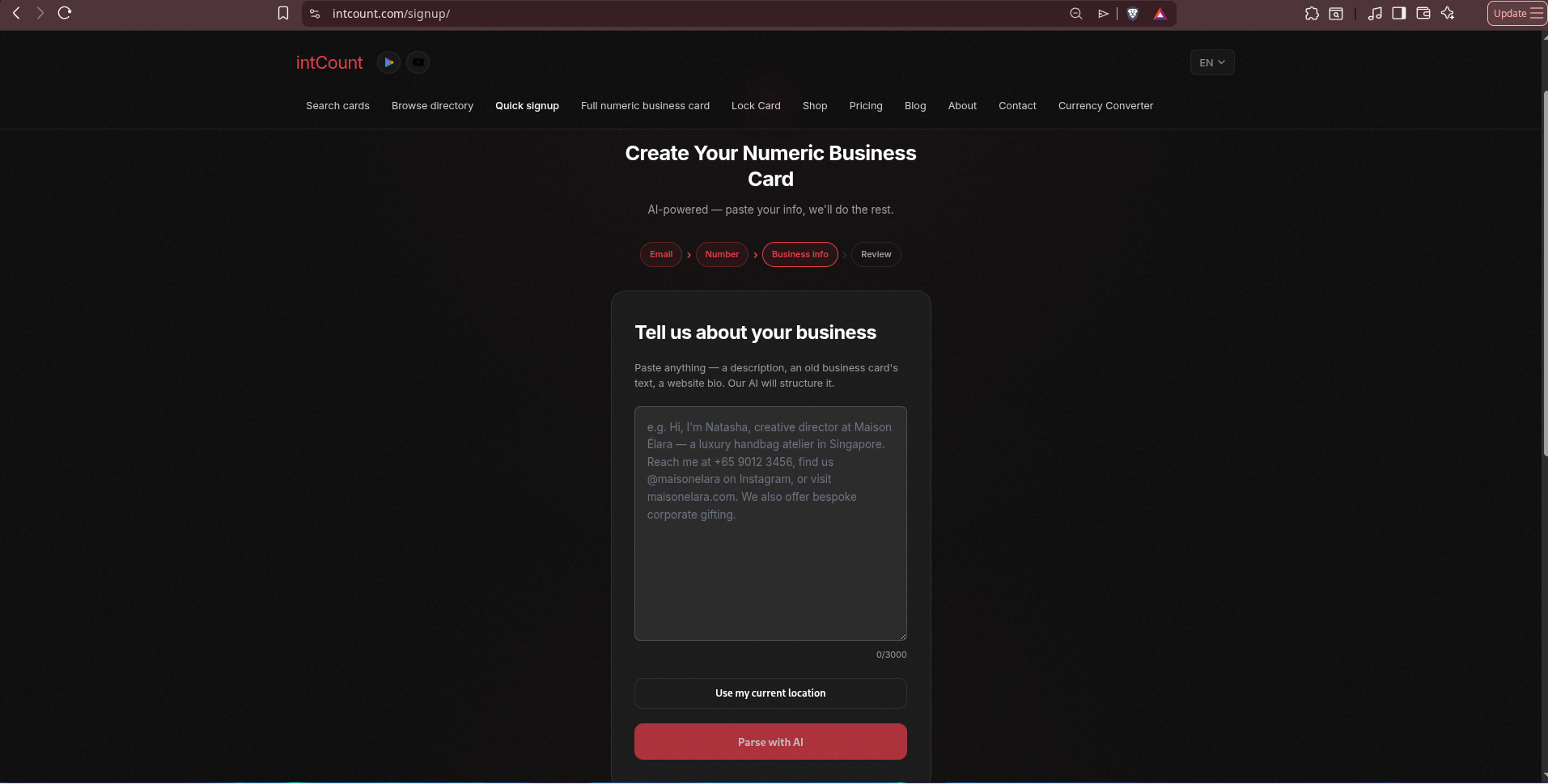 Business Info textarea — empty, with a placeholder example