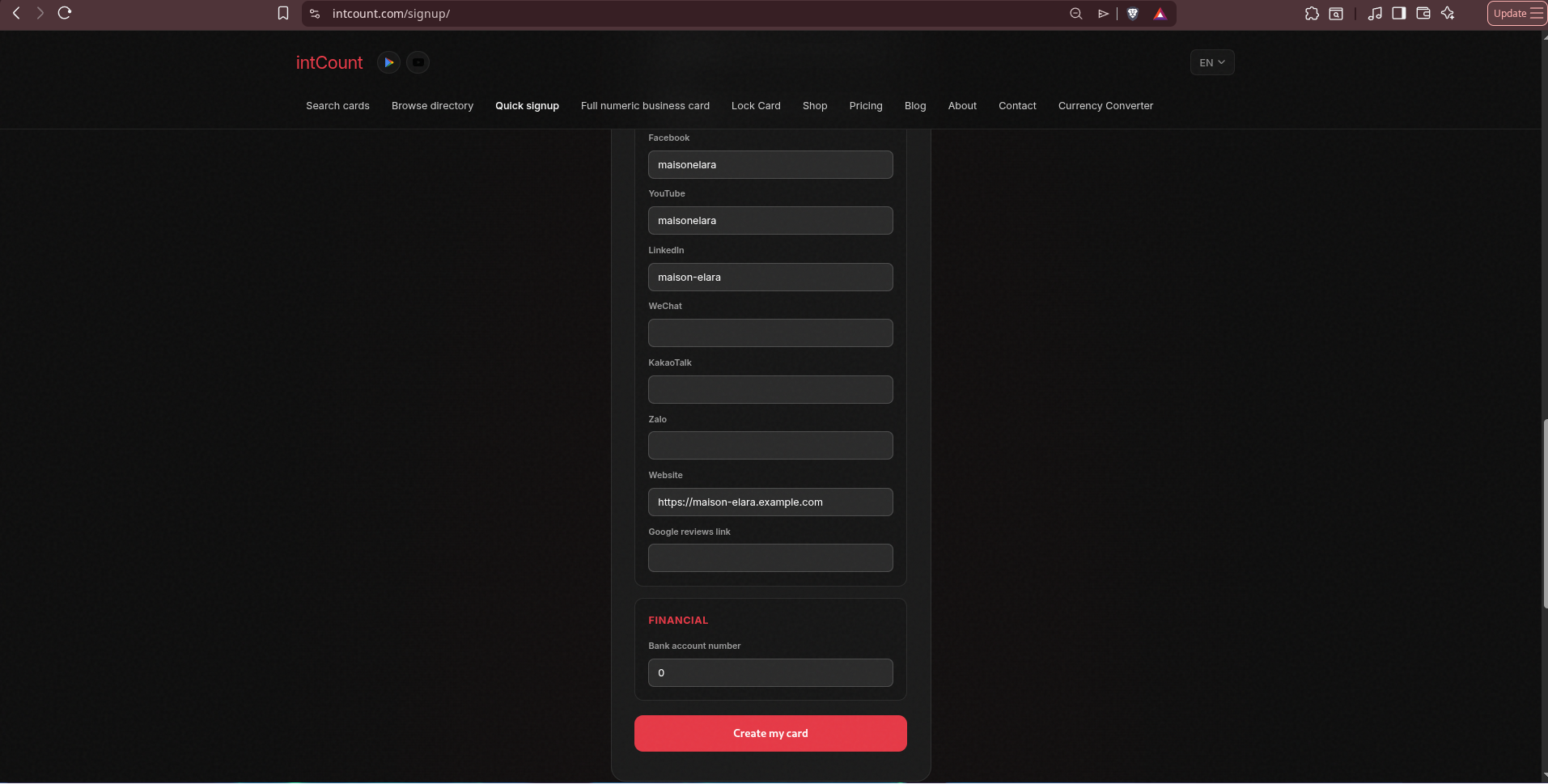 Review — Social links, website, and Create My Card button