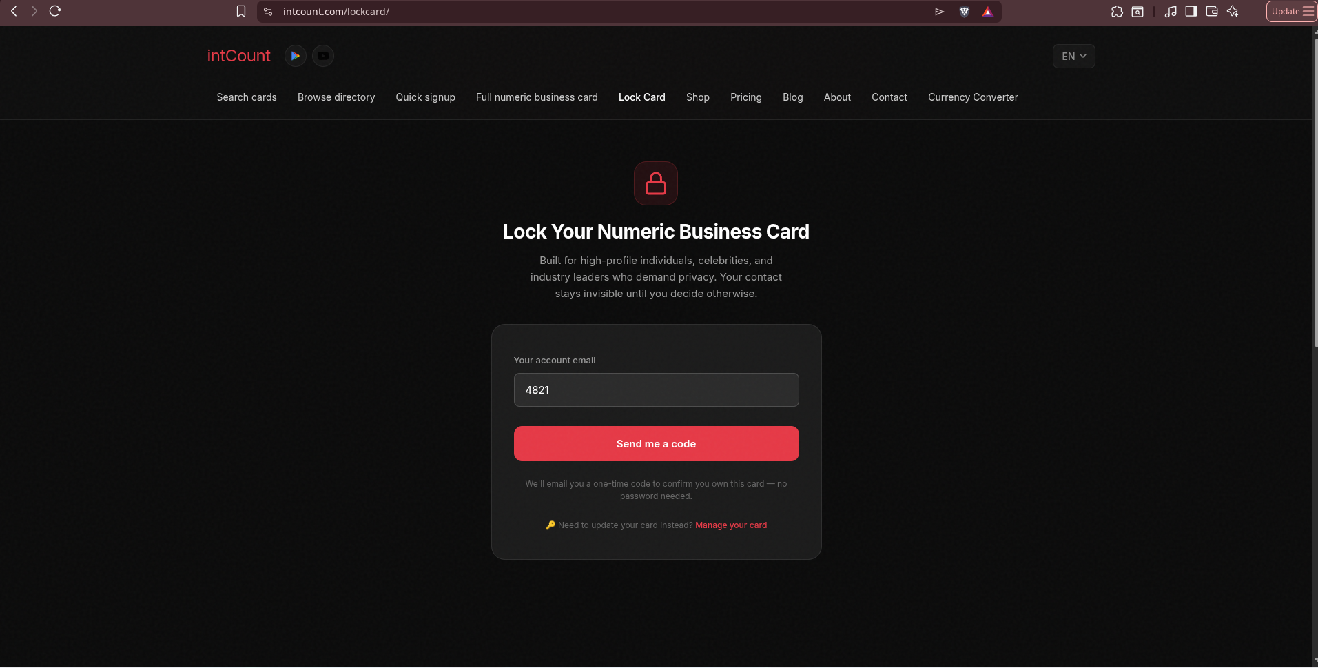Lock Card landing page with account email field