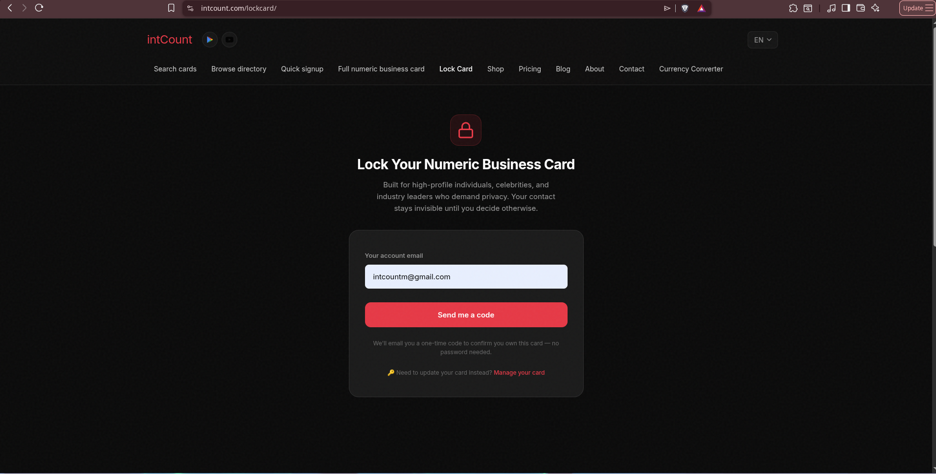 Lock Card — account email filled in