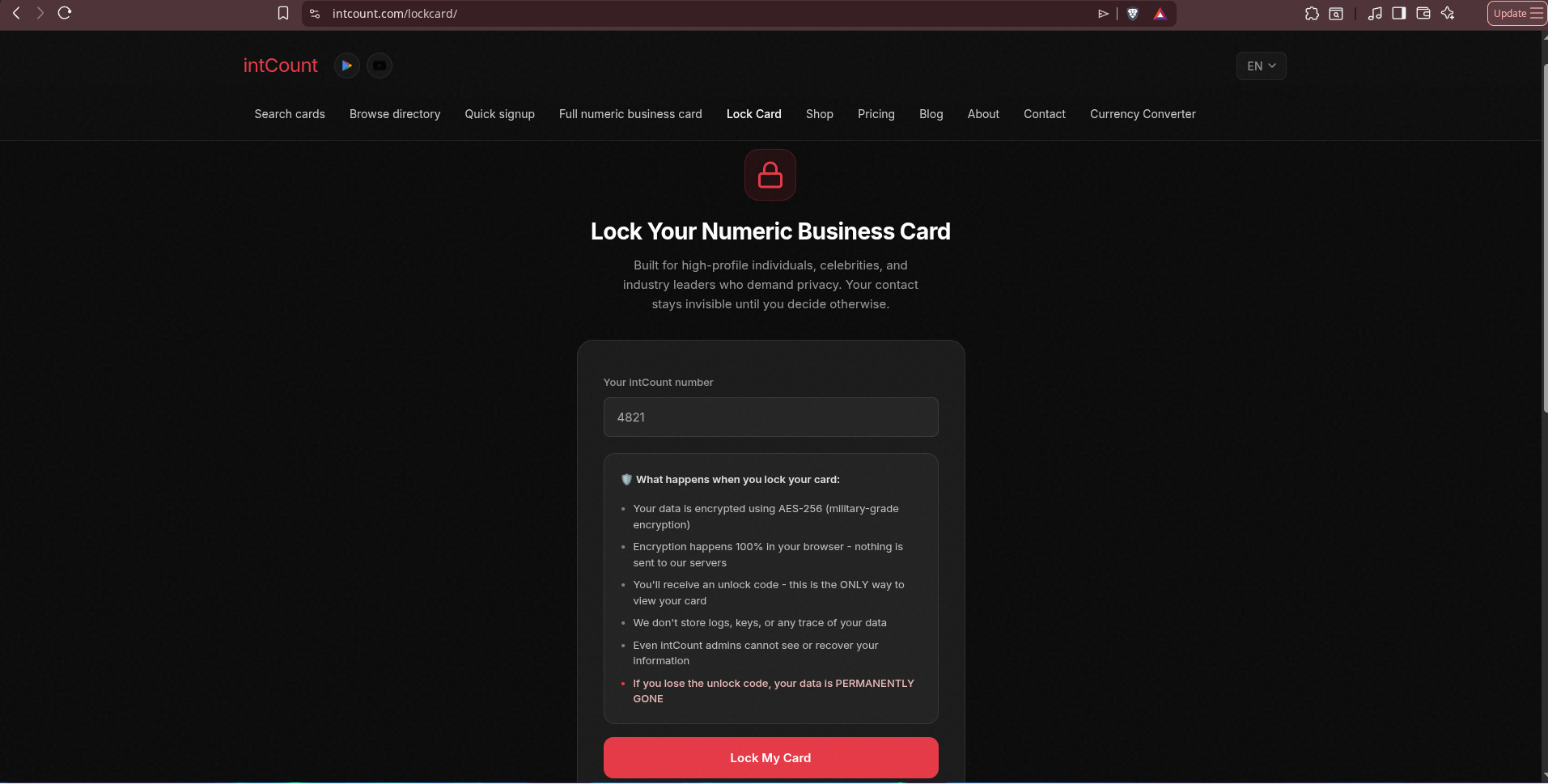 Lock Card confirmation — what happens when you lock your card, with warnings