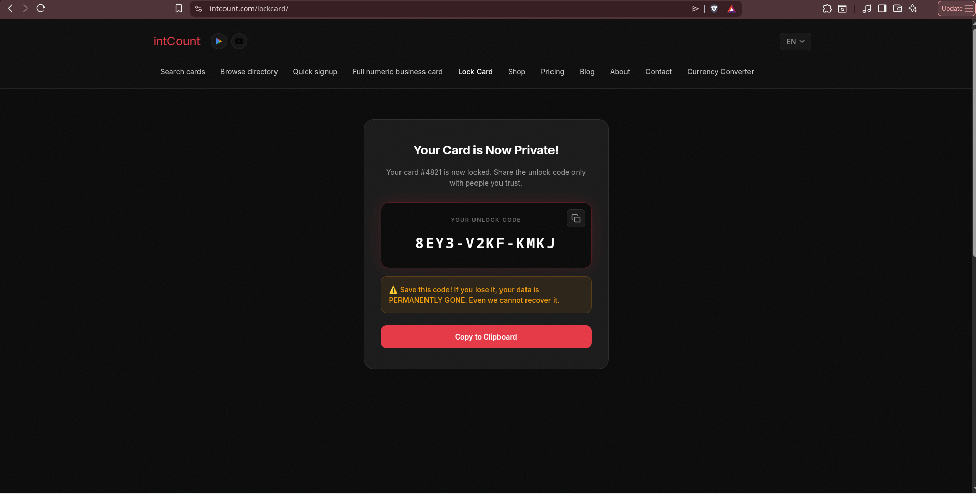 Card is now private — unlock code generated and shown once