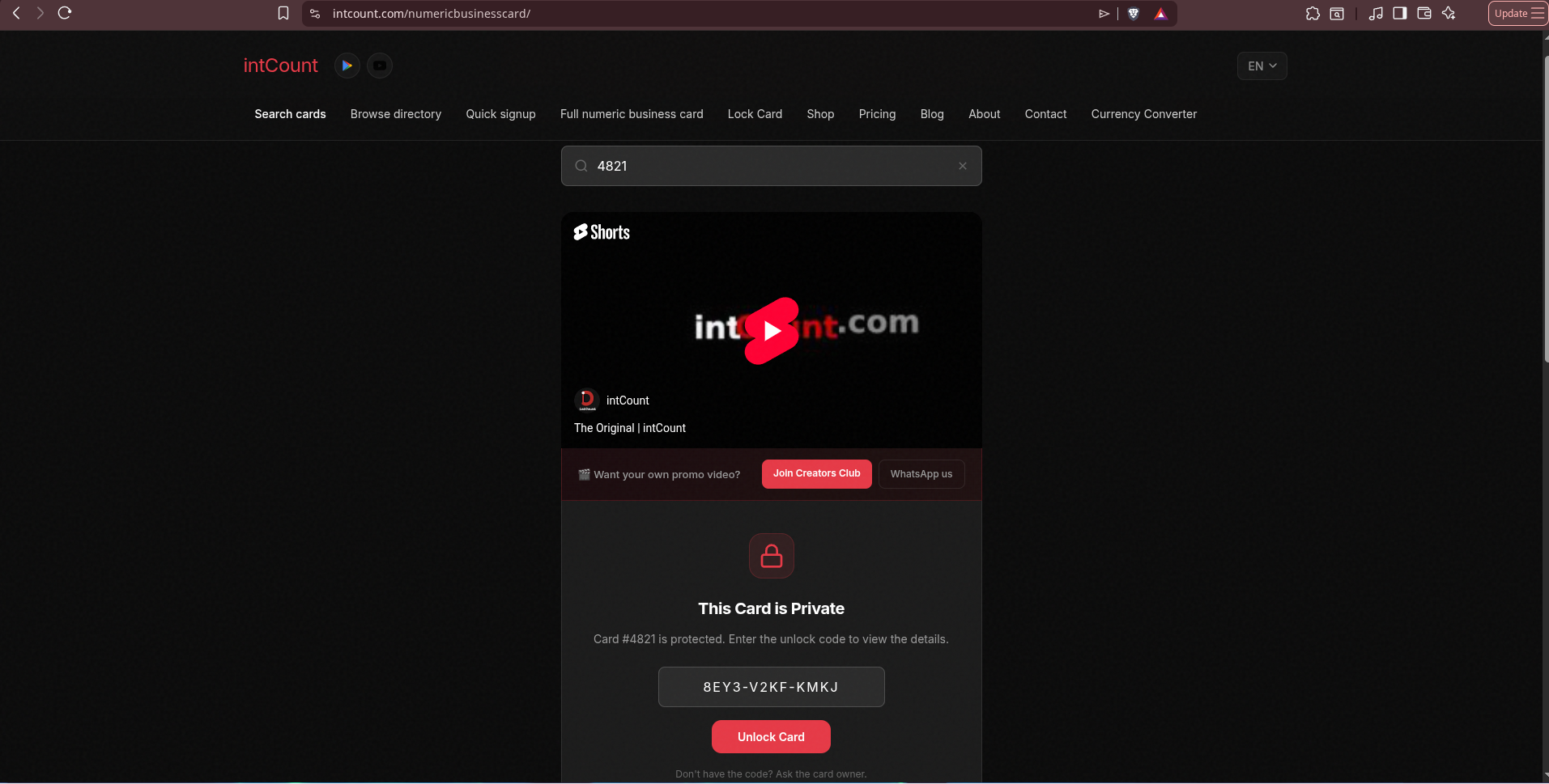Unlock code entered into the Unlock Card field