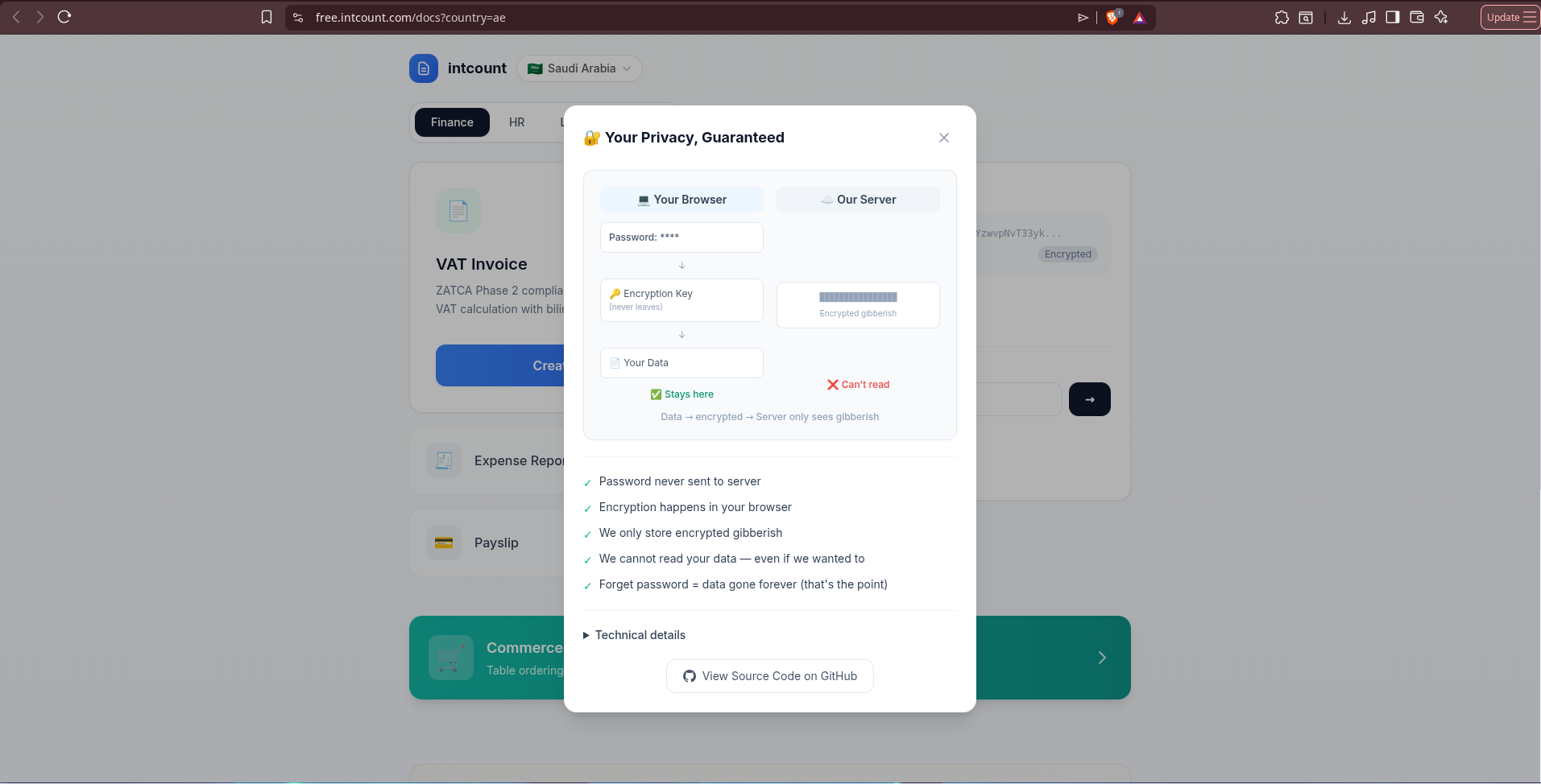 Your Privacy, Guaranteed modal showing side-by-side comparison: Your Browser (password, encryption key, your data — stays here) vs Our Server (encrypted gibberish — can't read)