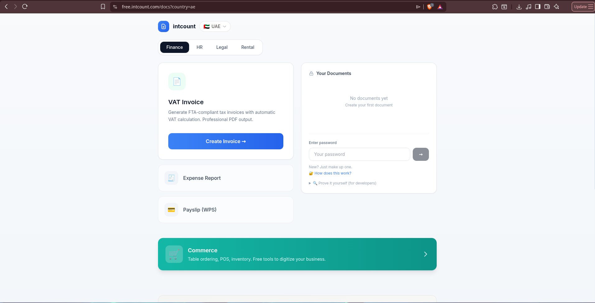 intCount Docs UAE landing page — Finance tab with VAT Invoice, Expense Report, Payslip tools, and a locked Your Documents panel asking for a password