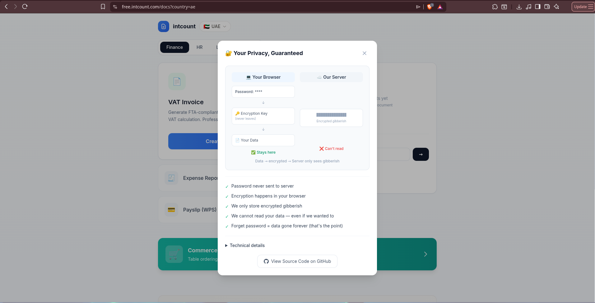 Your Privacy, Guaranteed modal showing side-by-side comparison: Your Browser (password, encryption key, your data — stays here) vs Our Server (encrypted gibberish — can't read)