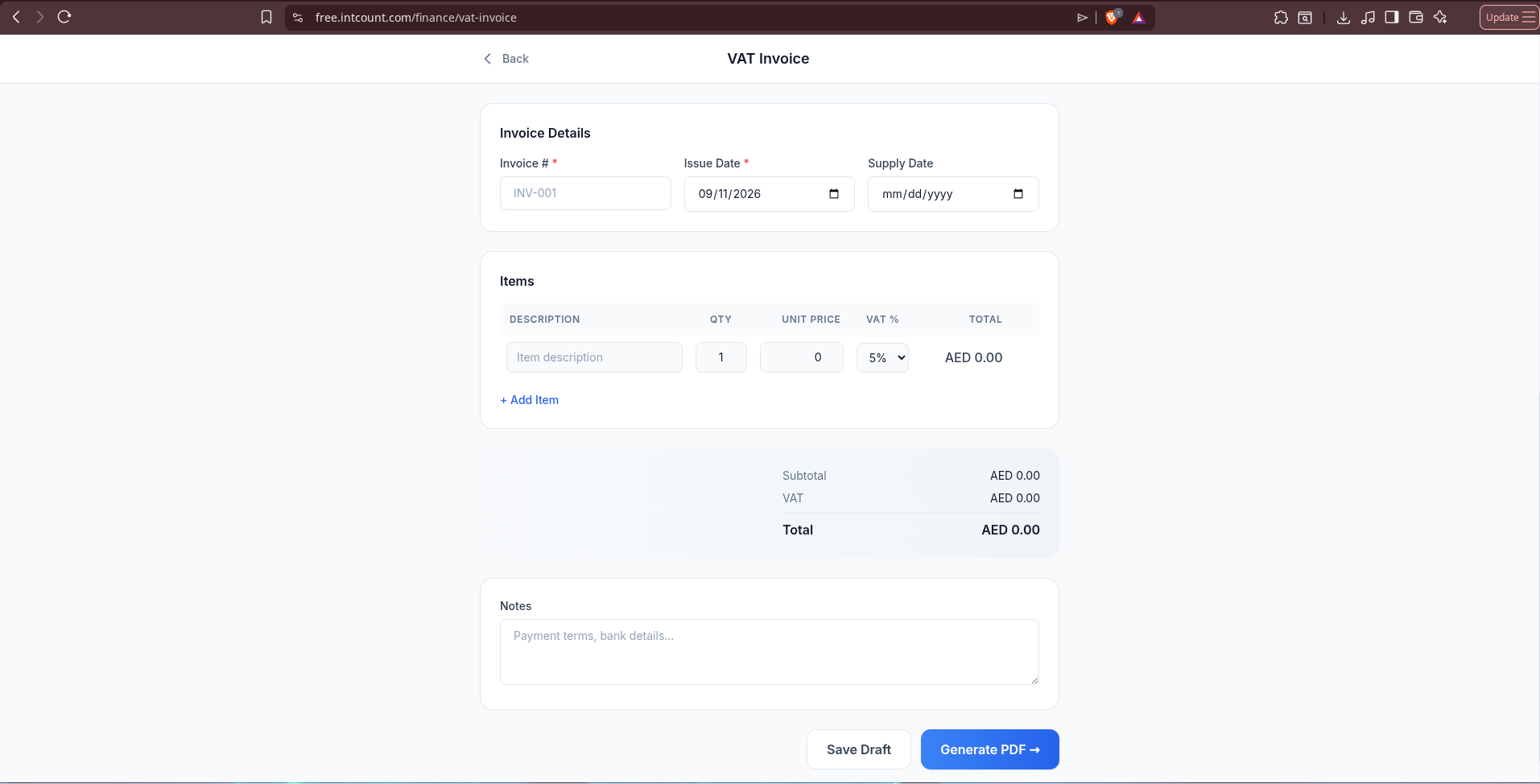 Empty VAT Invoice items section — Description, Qty, Unit Price, VAT %, Total columns, all showing zero